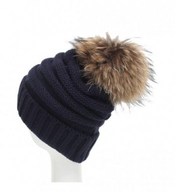 Century Star Women Solid Fall And Winter Soft Cap Knit Cable Beanie Fluffy Fur Pom Pom Hat - Navy - CF186ZS08E9