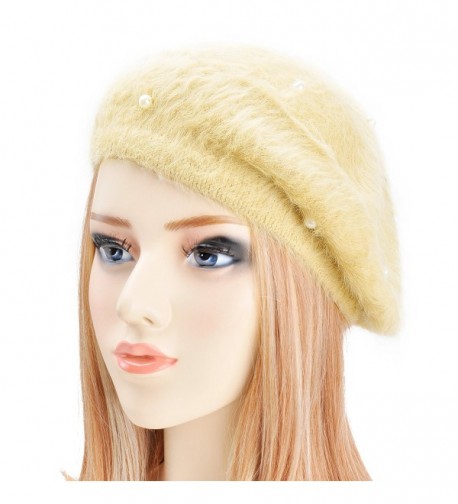 ZLYC Womens Rabbit Fur French Beret Hat With Pearl Ornament - Champagne - C01266YC1TD