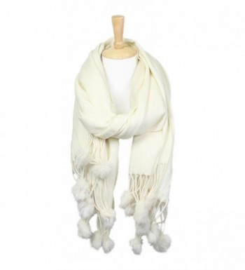 Women's Winter Warm Solid Oblong Scarf with Pom Pom Fringe - Ivory - C8188LEQDK5