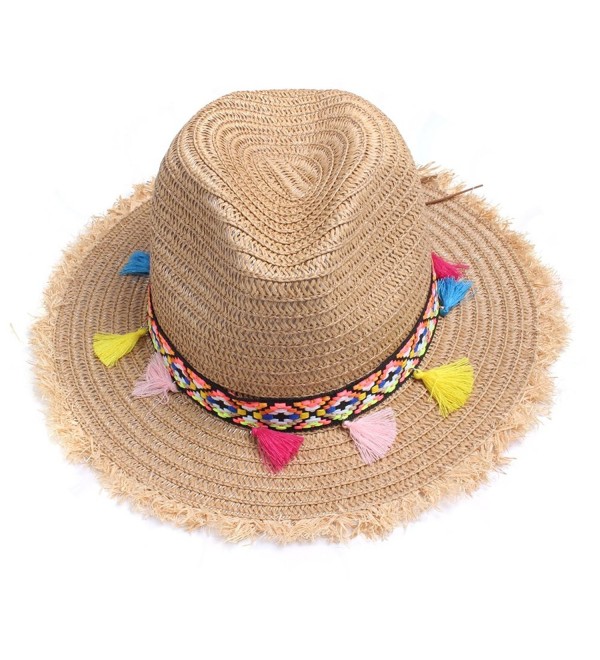 Vankerful colorful Tassels Women's Straw Hat Wide Brim Beach Summer Sun Hat - Hat002-kakhi - CY183QA70TT
