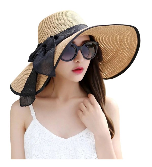 JOYEBUY Women's Floppy Big Brim Hat Bowknot Straw Hat Foldable Roll up Sun Hat - Khaki - C6189W20O8I