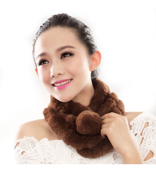 URSFUR Women Winter Fur Pull Through Scarf Soft Rabbit Pom Neck Collar Scarves - Brown - C111FG59Z6B