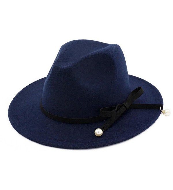 Lisianthus Ladies Pearl Bow Woolen Fedora - Navy-blue - CM182STEWW9