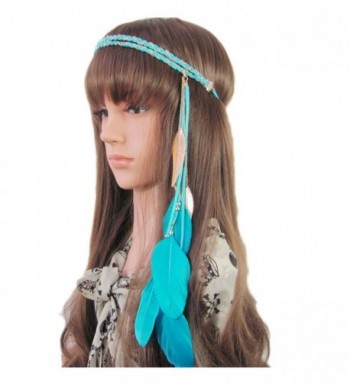 BUYITNOW Women Feather Headband Stretchy Braided Leaf Bead Hair Tassels - Blue - CR17YEDGUSZ