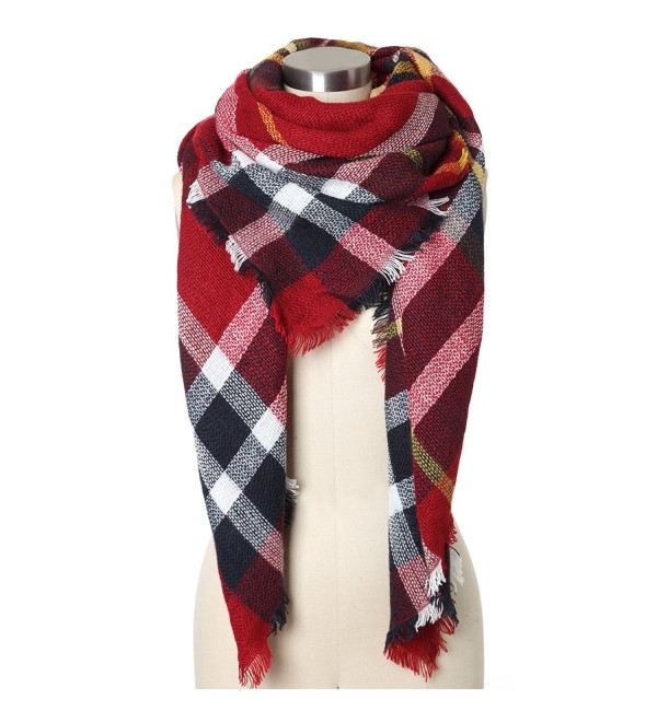 Wonderfit Women Plaid Blanket Scarf Large Tartan Shawl Wrap - Wine Red - C612N0C10TI