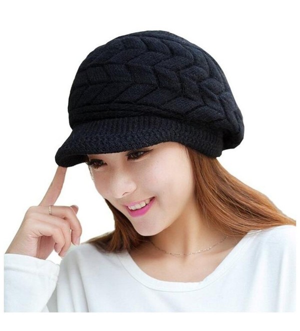 ELINKA Women Winter Warm Knit Hats Caps Wool Snow Ski Cap Beanie Ski Berets Snapback Caps With Visor - Black - CH186OZIOML