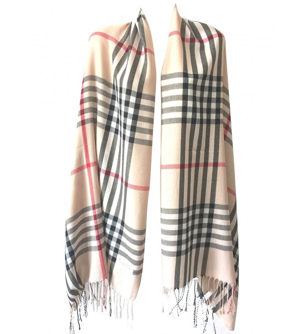 Women Pashmina Silk Scarf Plaid Checker Pattern Long Soft Shawl Wrap Cape Stole - Beige Plaid - C5187H9ZTC8