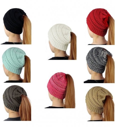 SEALEN Beanie Tail Womens Soft Stretch Trendy Warm Winter Messy High Bun Ponytail Hat - Red - C1187Q9T7GW