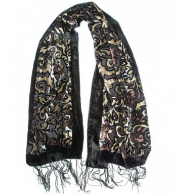 Bohomonde- Gia Scarf - Silk Brocade Print Velvet Burnout Scarf with Fringe Ends - Gold/Chocolate/Black - C412056F3WZ