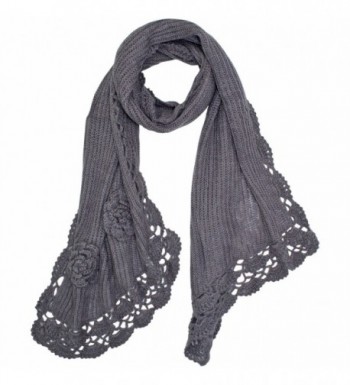 Warm Crochet Knit Winter Scarf With Rosette Trim - Gray - CS11GQUSAKB