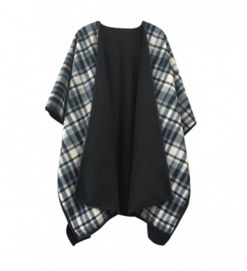 Winter Poncho Cape Women's Shawl Classic Black Plaid Open Front Reversible Sweater Cardigan Coat - CH186MZRHDU