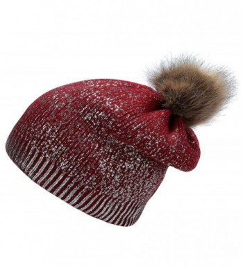 Jugofar Thick Sparkly Knit Hat Metallic Shine Faux Fur Pom Pom Slouch Beanie Hats - Burgundy Silver - CK1863G5UT4