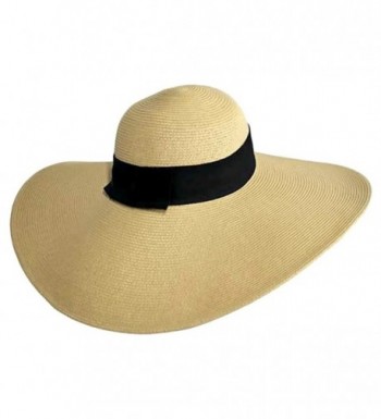 Tan Wide Brimmed Floppy Hat With Black Ribbon Hat Band - C8112X0143T