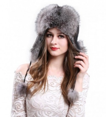 LITHER Women's Winter Trapper Hat Genuine Fox Raccoon Fur Russian Ushanka Hat - Silver Fox - CL12NQYHYA5