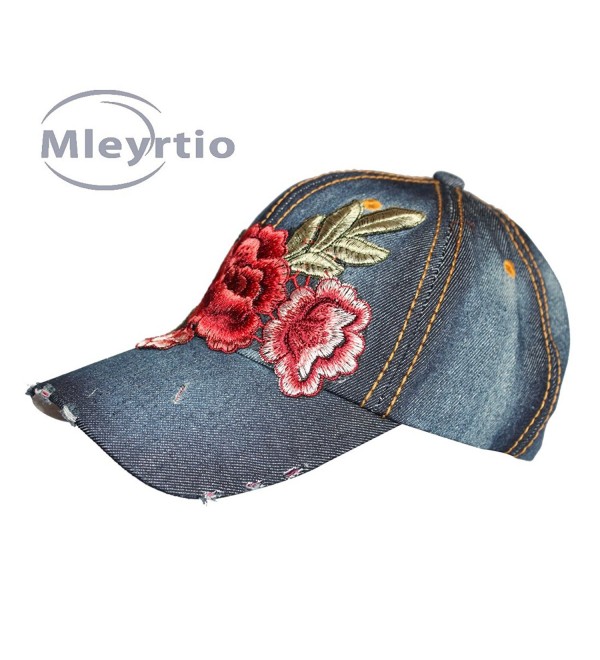 Denim Stone Washed Twill Cotton Baseball Cap Embroidered Rose Flower Structured Hat - Rose B & Navy - CW182MUSEN4