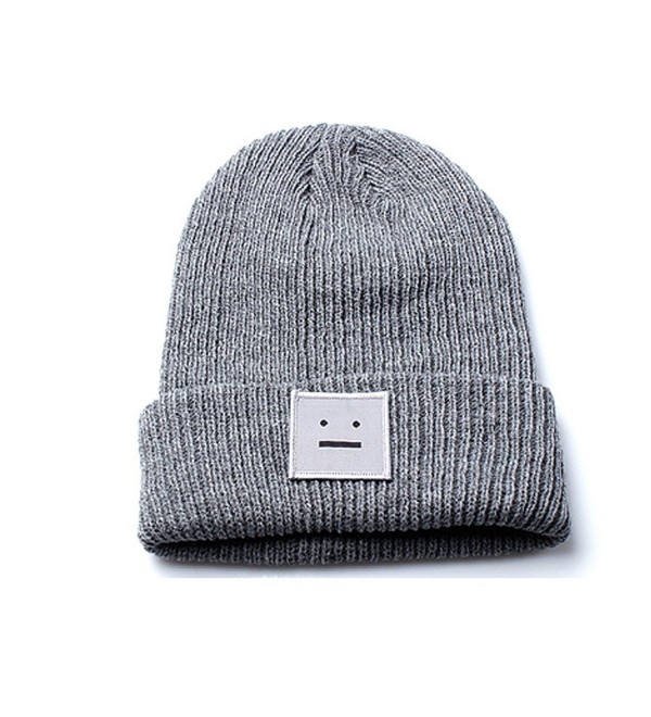 Unisex Grey Beanie Hat with Embroidered Smiley Face Design - CG12O9YL93D