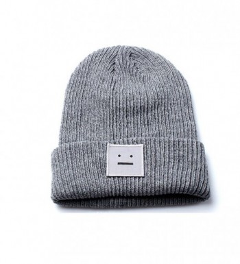Unisex Grey Beanie Hat with Embroidered Smiley Face Design - CG12O9YL93D