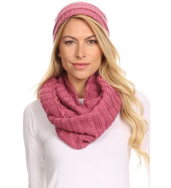 Sakkas Sayla Rhinestone Jewel Soft Warm Woven Cable Knit Beanie Hat And Scarf Set - Rose - C512L6XB9HT