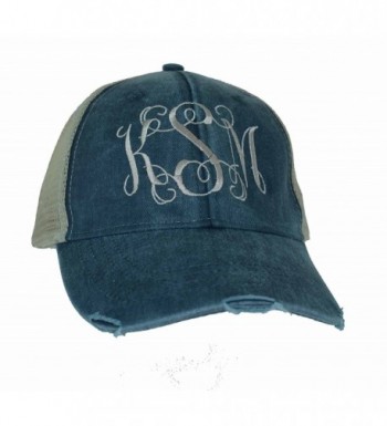 Mary's Monograms Monogrammed Distressed Trucker Hat Navy Blue - CN12MAV8E0L