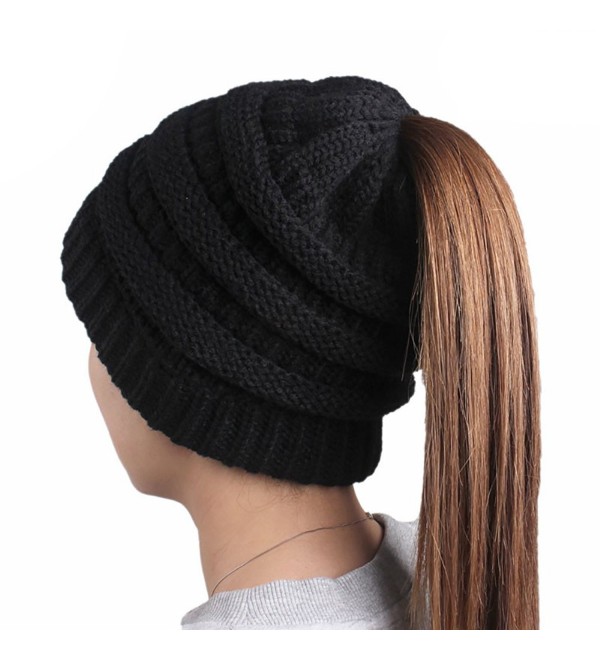 JOOWEN Womens Winter Knitted Ponytail Beanie Solid Cable Messy Bun Ribbed Hat - Black - CX1885Q7HOC