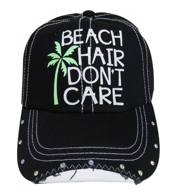 White Glitter Beach Hair Don't Care Black Baseball Cap w/Rhinestones - CG12GU4N4ZJ