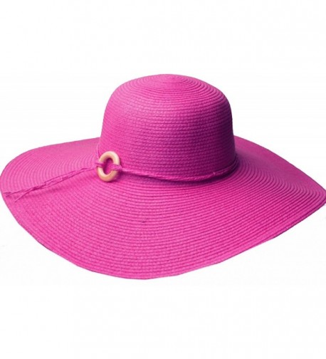 Womens UPF 50+ 100% Paper Straw Wood Bead Accent Wide Brim Floppy Hat - Hot Pink - CJ1190EY2C1