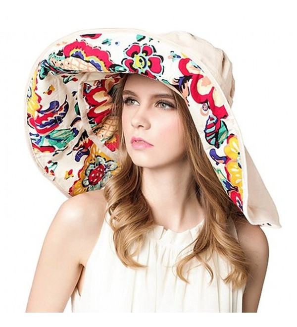 FTSUCQ Womens Sun Hat Floppy UPF 50+ Bonnet Folding Large Brim Cap - Beige - C812CR24ALJ