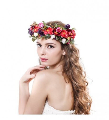 Ever Fairy Women Handmade Rose Flower Wreath Crown Wedding Festivals Garland Crown - Red - C112GKF3NAX