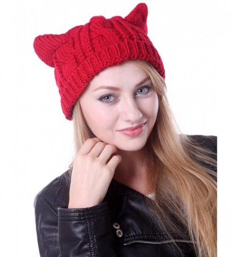 HDE Women's Knit Beanie Cat Ear Crochet Braided Winter Ski Hat Knitted Cap - Red - CG11IODSPCR