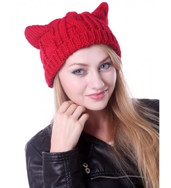 HDE Women's Knit Beanie Cat Ear Crochet Braided Winter Ski Hat Knitted Cap - Red - CG11IODSPCR