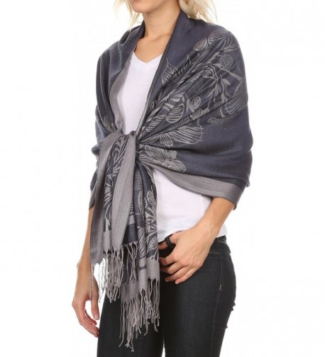 Ella Dogwood Flower Straight Border Pashmina/ Shawl/ Wrap/ Stole Navy ...