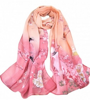 Aven Women Classic Chinese Style Painting Birds/Flowers Chiffon Long Scarf Shawl Wrap - Pink - CM11Y8YPSS5