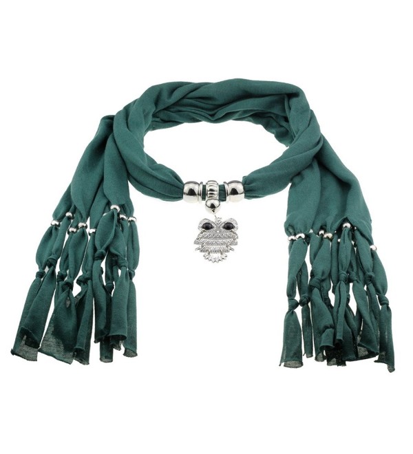 Yin Green Cotton Scarf Shawl in Silver with Vintage Charm Elegant Owl Pendant - CJ129YGWH4T