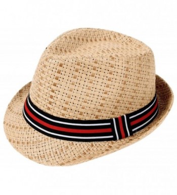 Livingston Unisex Lovely Two Toned Structured Summer Straw Fedora Hat - Brown Hat/Stripe Band - CD189ZK0D8X