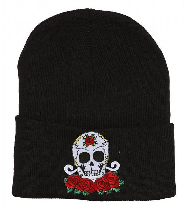 Candy Skull and Roses Black Cuffed Beanie - C8127BR3B2P
