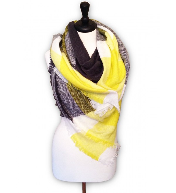 KnitPopShop Blanket Scarf Striped Oversized Plaid Tartan Scarves - Yellow and Black - CS186QN54DR