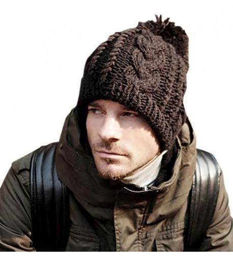 Veenajo Men / Women Winter Hand Knit Faux Fur Pompoms Slouchy Beanie Hat - Brown - CK12O6H7QTA