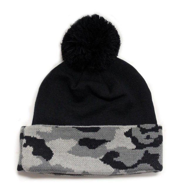 City Hunter Camo Pattern Long Cuffed Pom Beanie - Black/Grey Camo No Logo - CZ127S56NEX