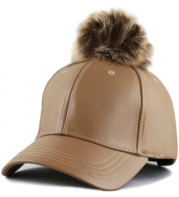 The Hat Depot Unisex Faux Fur Pom Pom Faux Leather Curves Bill One Size Cap - Camel/Tan - CQ12I3DNONH