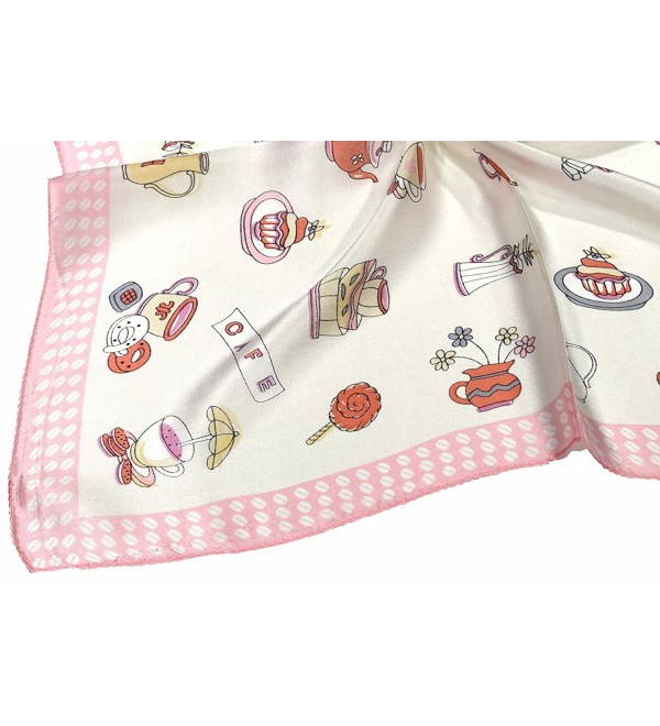 Pink White Teacup Printed Fine Small Square Silk Scarf CD12O3Y6N7F