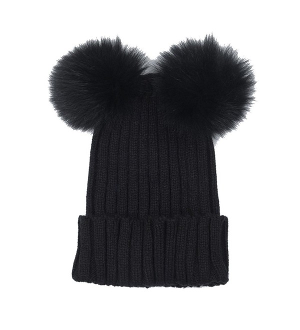 Opromo Women's Winter Chunky Knit Beanie Hat With Double Faux Fur Pom Pom Ears - Black - C2185XSGAHT