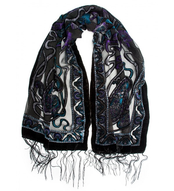 Bohomonde- Muriel Scarf- Silk Art Nouveau Print Velvet Burnout Scarf with Fringe Ends - Amethyst/Jade - CB12C7QQIRP