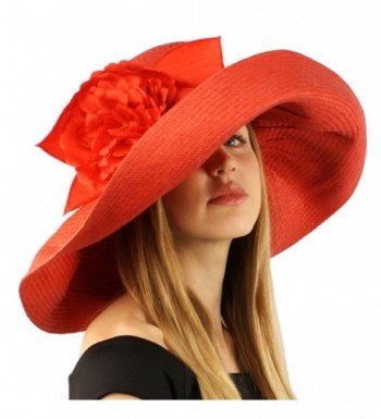 Summer Foral Ribbon Floppy Sun Big Wide 7" Brim Beach Hat Cap Adjustable - Red - C011CHZC9PR