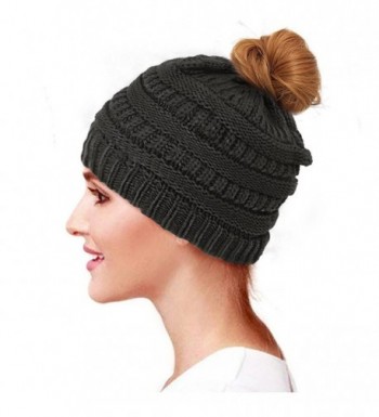 Glamorstar Trendy Messy Bun Beanie Ponytail Knit Hat Stretch Cable Chunky Bun Hat - Black - CS189K7CCIT