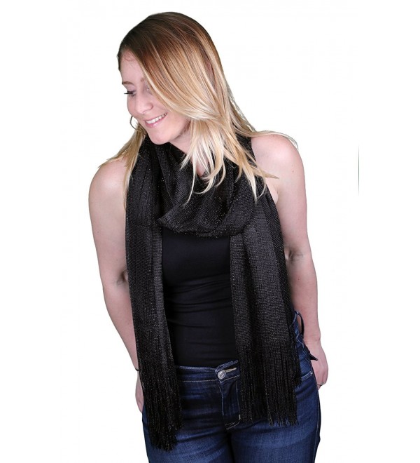 Funky Junque's Sheer Woven Metallic Sparkle Fringe Rectangle Scarf Shawl Wrap - Black - CK17Z3KOZUR