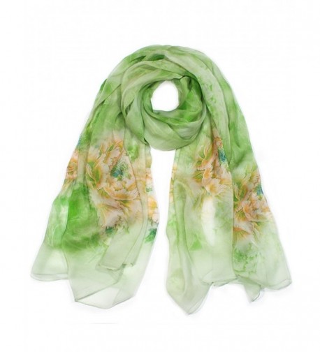 Dahlia Women's 100% Long Sheer Silk Scarf - Colorful Flower Design - Blossom Peony - Green - C812H6USAAD