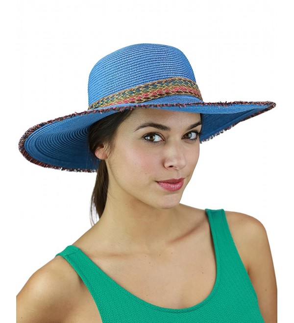 C.C Multicolored Woven Band and Fringed Brim Summer Beach Floppy Sun Hat - Blue - CM17YUCCXXU