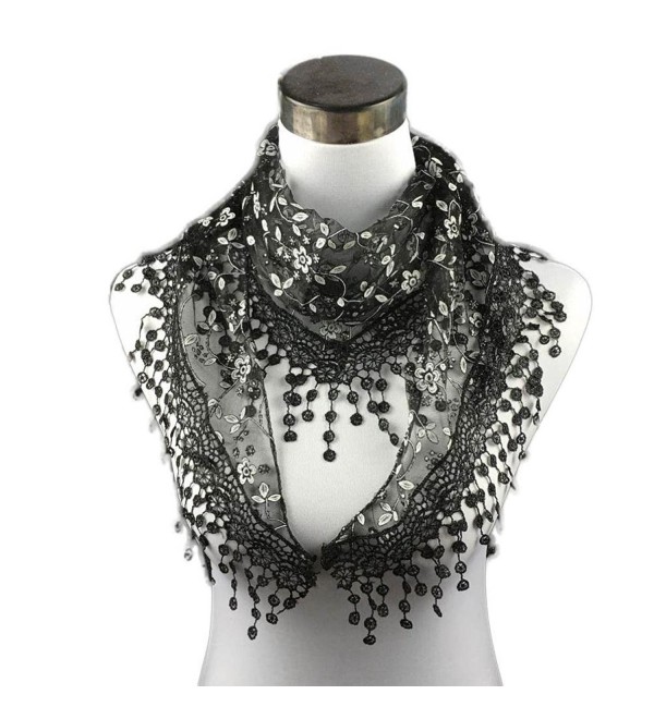 DEESEE(TM) Lace Tassel Sheer Burntout Floral Print Triangle Mantilla Scarf Shawl - Black - C212MAT8T3U