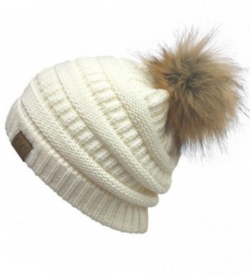 AMETS553 Knit Thick- Super Soft Fleece Lined Warm Pom Pom Beanie - White - CW189XNAI7S