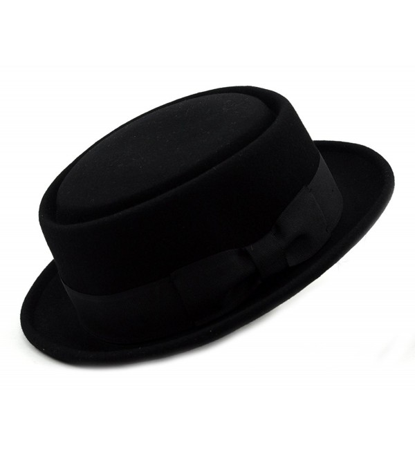 NYFASHION101 Mens Crushable Wool Felt Porkpie Hat w/Feather - Black - CH1190AVWBX
